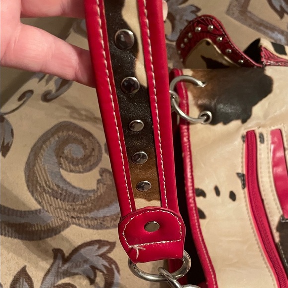 Studded Cross Design Red and Tan Women's Bag - Picture 9 of 9